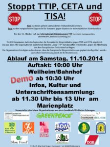 Aufruf zur Anti-TTIP-Demo in Weilheim am 11.10.14