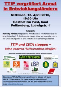 Einladung zum Vortrag von Henning Hintze 13.04.2016 in Peißenberg: TTIP vergrößert Armut in Entwicklungsländern